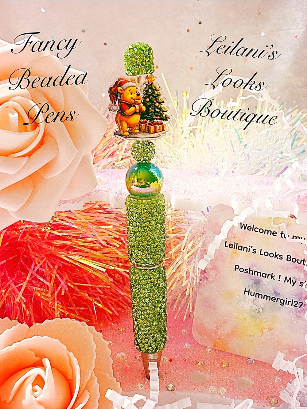 Fancy beaded pen/gifts/winnie the Pooh/bear/green beads/Christmas time